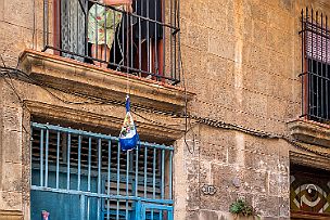 Cuba - Perriere - DSCF9244 Le sac ascenceur. Un cri reconnaissable dans la rue, c'est le marchand qui passe, et les sacs pendent aux fenêtres !