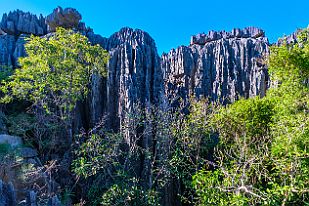 MAD32994 Massif karstique. Les roches sont usées par l'acidité des pluies et le vents, la densité du calcaire variant en forme de veine, les parties 