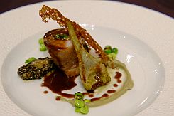 DSCF1621 Tournedos de Lapin : râble desossé et farci, Morilles, Artichaut et févettes, jus moutarde viloette. Le lapin est tiède. Voulu ? Mais l'ensemble du plat est...